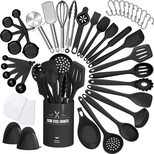 Küchenutensilien-Set, 43-teilige Silikonkochutensilien, Kochen Caslery Set, hitzebeständiges Kochgeschirr mit Utensilienhalter, Nicht-Stick-Kochset, Küchenutensilien, Geschirrspüler sicher, schwarz
