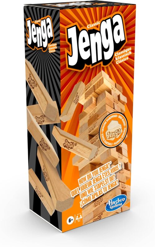 Hasbro A2120EU4 Jenga Classic Children’s Game, das die Reaktionsgeschwindigkeit fördert, von 6 Jahren, braun, 26 x 7,5 x 7,5 cm