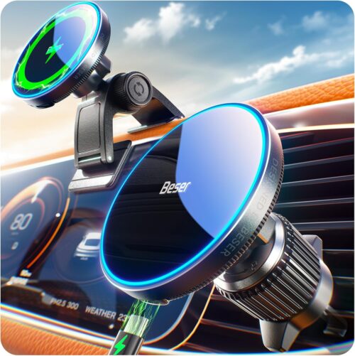 BESER 15W für Magsafe Car Mount mit Ladefunktion, 4 lbs – starke Magnetkraft, Qi -drahtloser Telefonhalter, Belüftung/Dashbr, für iPhone 16 15 14 13 12 Serie Mini Aluminium A33 Schwarz