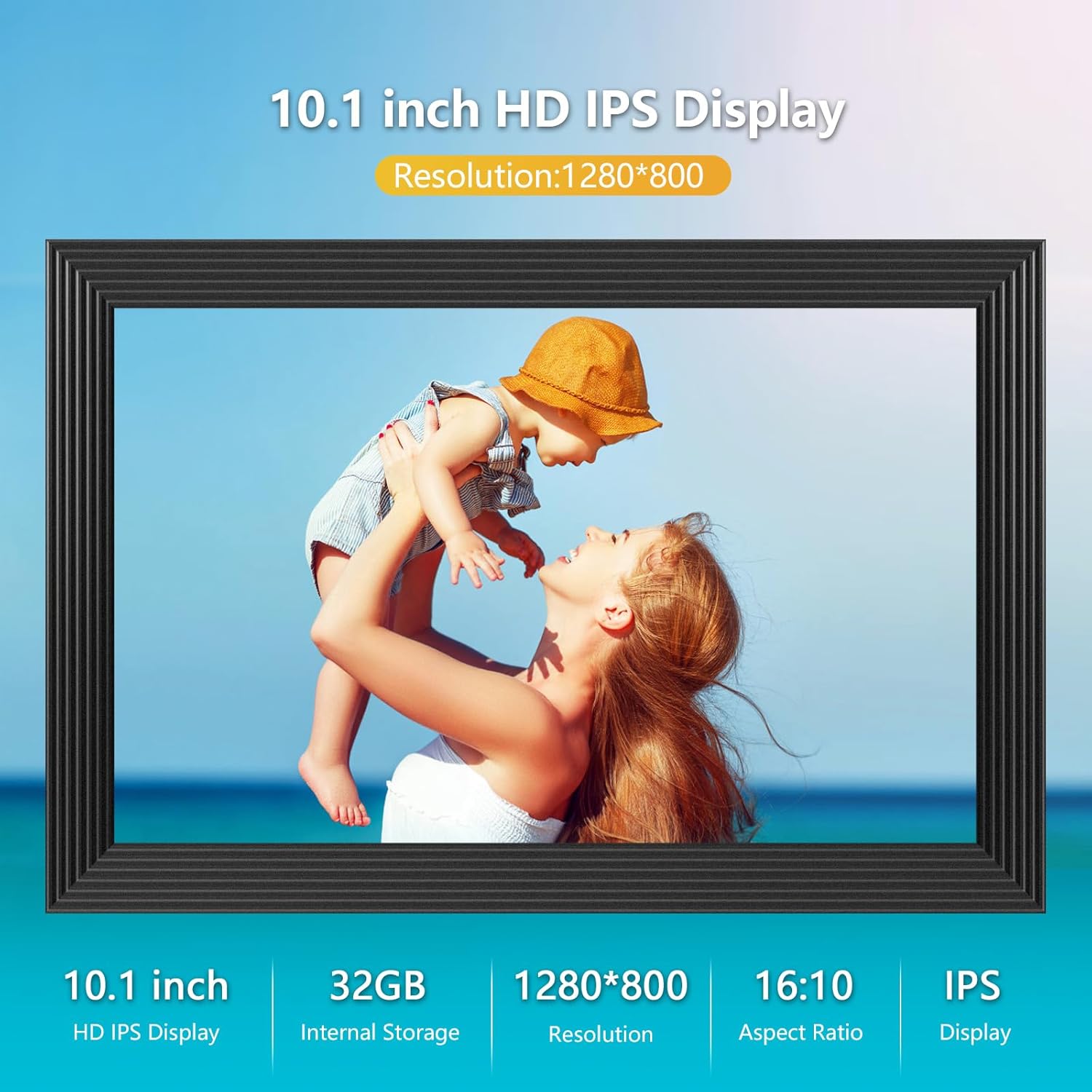 Digitaler Bilderrahmen WLAN 10,1 Zoll Digitaler Bilderrahmen, eingebauter 32 GB Speicher, 1280 x 800 IPS-LCD-Touchscreen, automatisch drehen, Teilen Sie Momente sofort über Frameo-App von überall aus – Bild 2