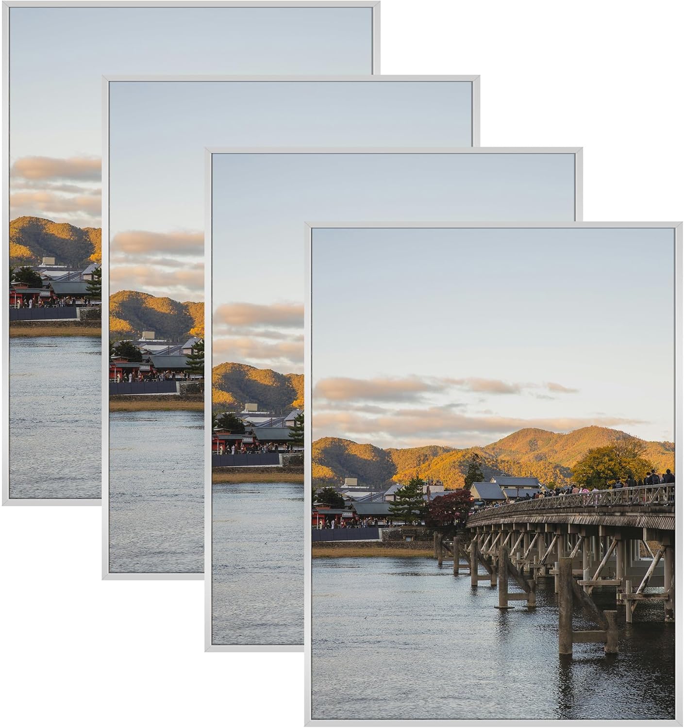 Frametory, 18 x 24 Zoll Aluminium Metall Wandmontage Rahmen für Drucke und Bilder mit echtem Glas (Silber, 4 Packung)